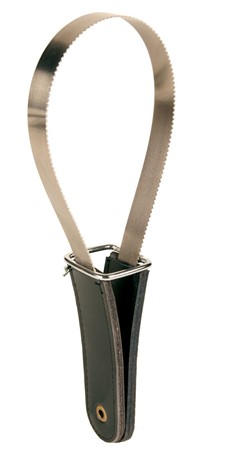 Vatten/hårskrapa, metall m läderhandtag, hund/häst, 25×8 cm